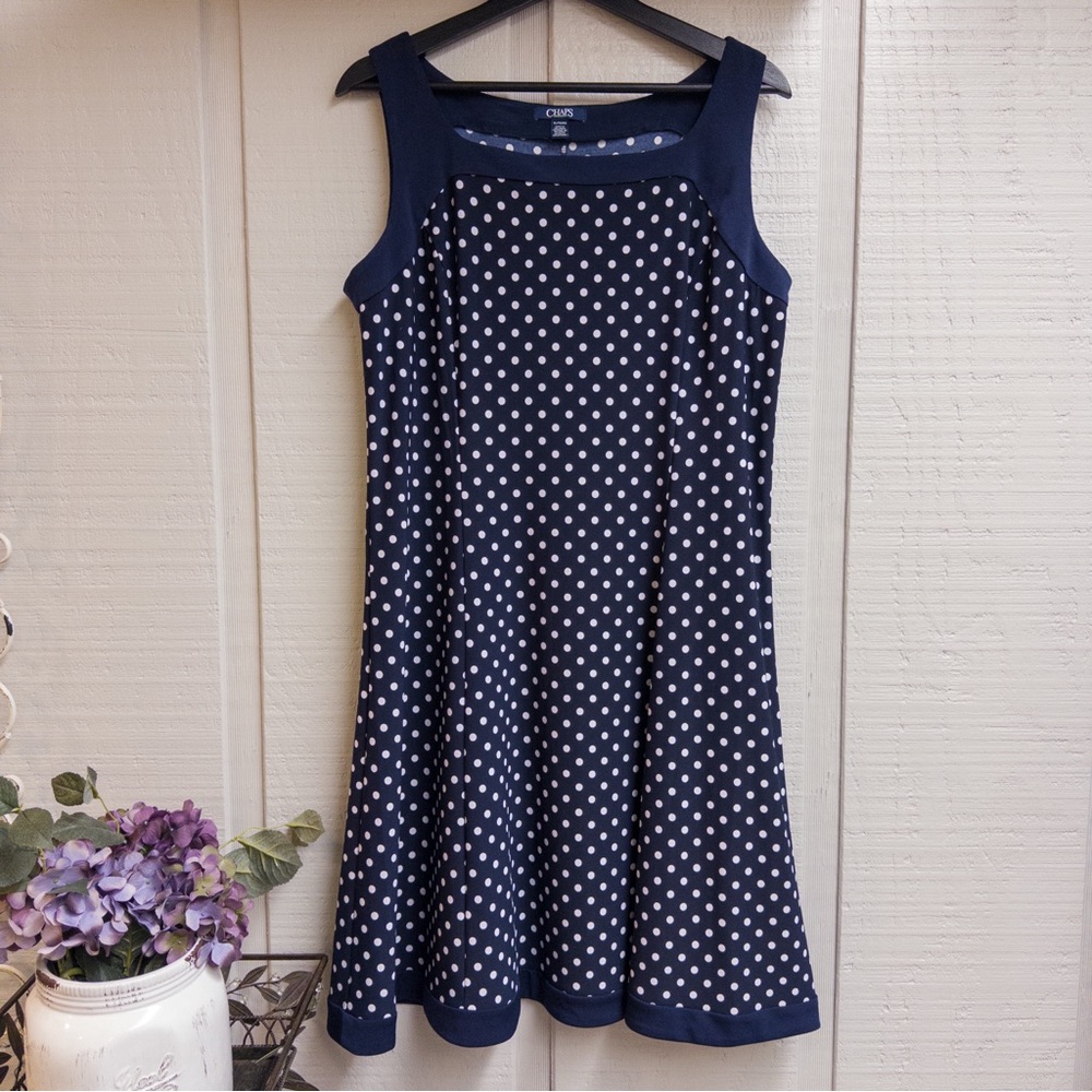 Chaps Navy and White Polka-Dot Dress